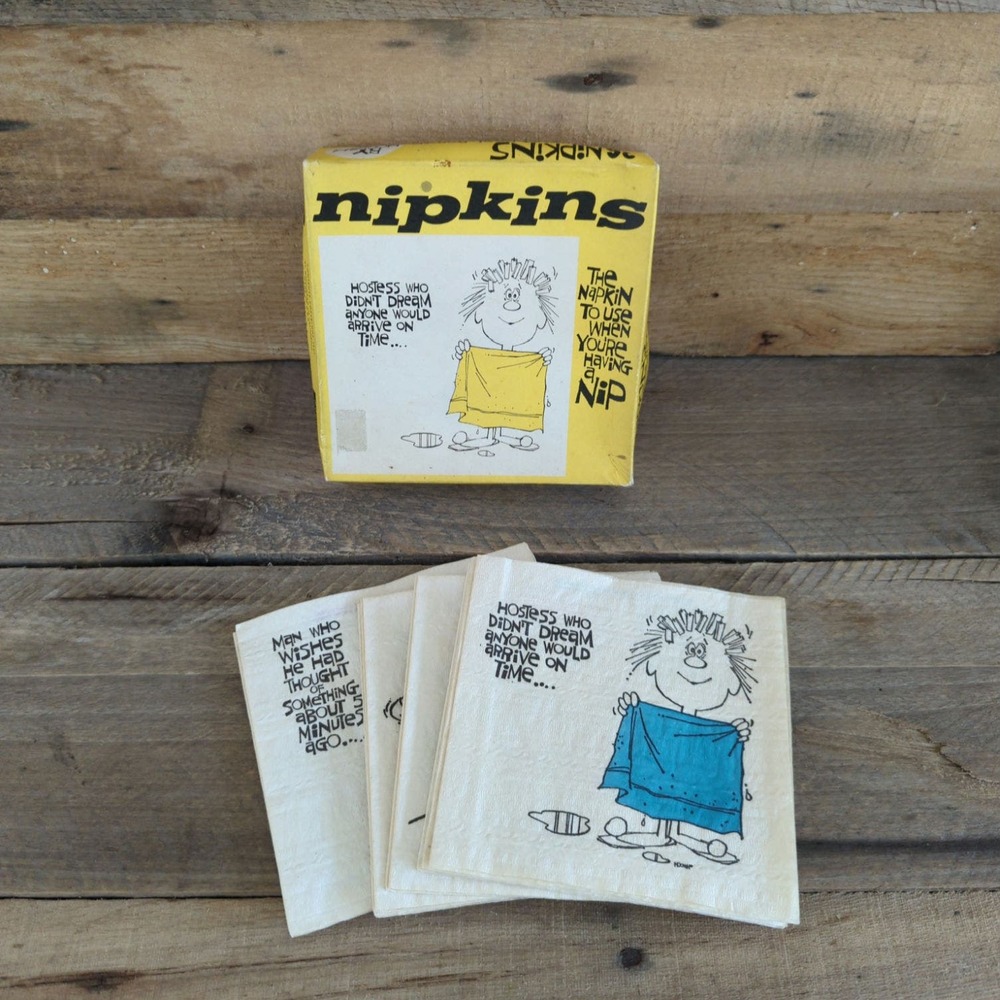 Vtg 1961 Nipkins by Hoohah Box of 36 Paper Cocktail Napkins 12 Different Designs